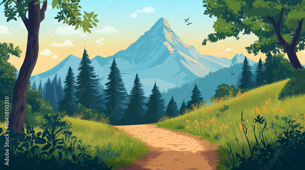 Obraz premium Hiking trail leading through a forest with a mountain peak in the background illustration