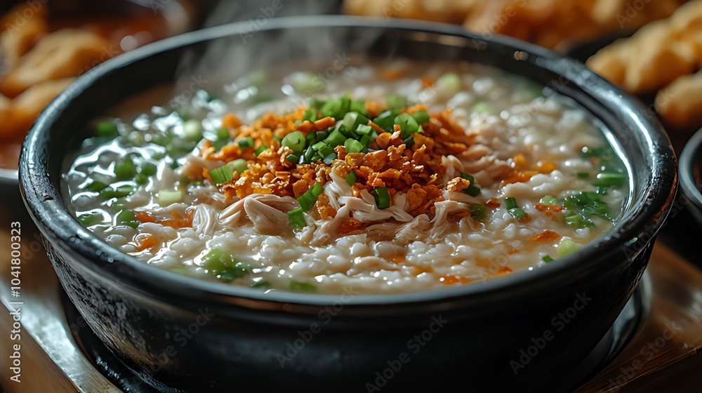 A steaming bowl of chicken congee topped with crispy fried shallots and green onions. A steaming bowl of chicken congee topped with crispy fried shallots and green onions.