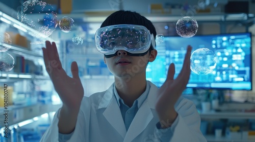 Futuristic lab with virtual molecular experiment in VR photo