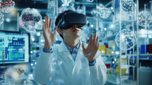 Scientist engaged with VR technology in ultramodern lab.