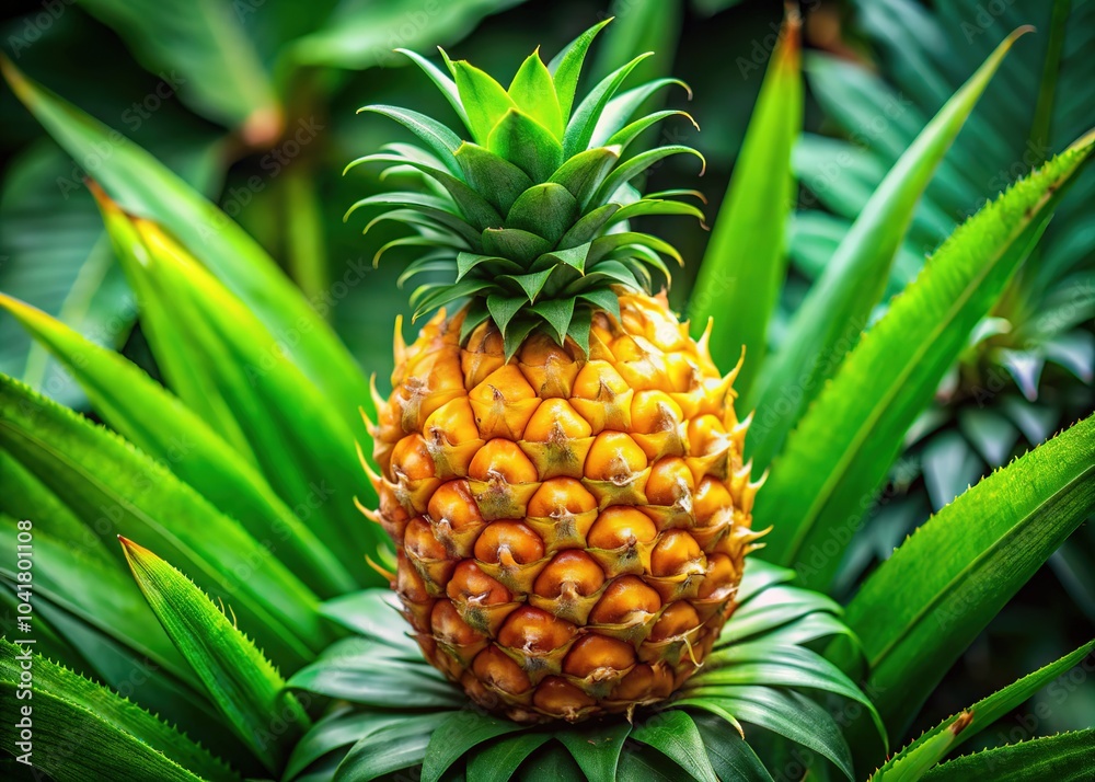 Macro Photography of a Vibrant Yellow Pineapple with Lush Green Leaves Macro Photography of a Vibrant Yellow Pineapple with Lush Green Leaves