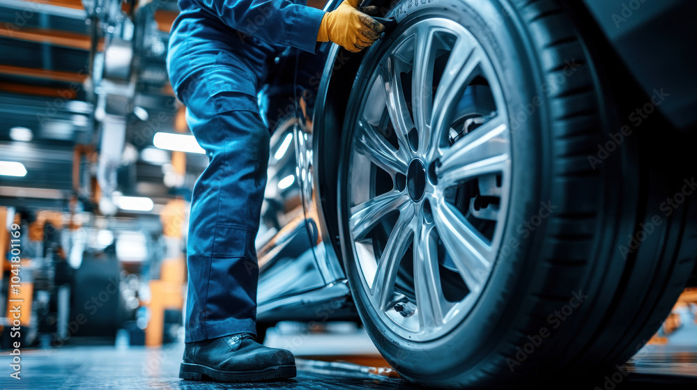 Factory worker finalizing assembly on car wheel