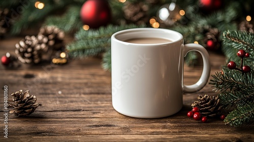 Mockup 0f an cozy mug with warm beverage on a rustic table surrounded by festive decor photo