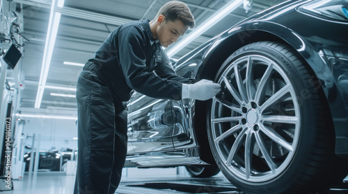 Focused technician inspects black car wheel closely. photo