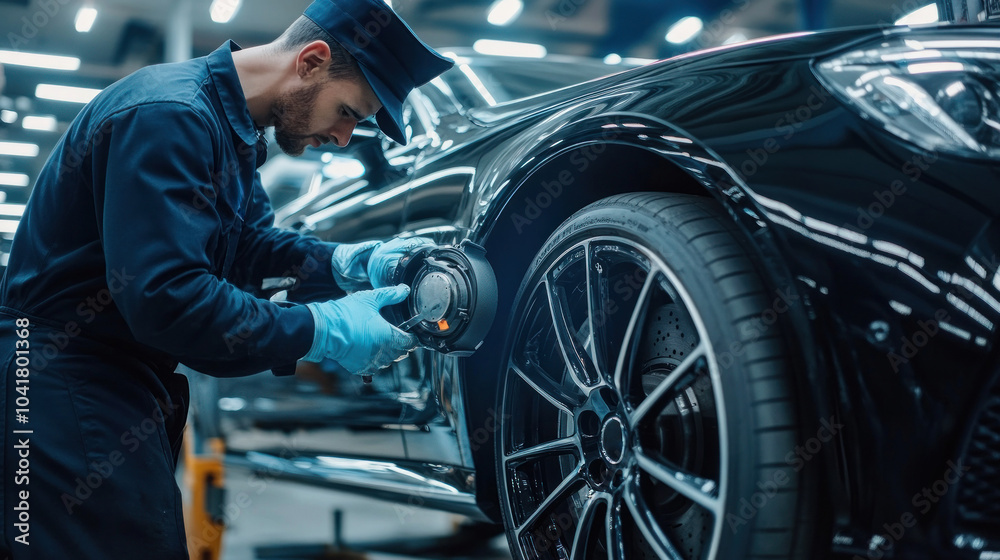 Mechanic using tool on car wheel in workshop setting Mechanic using tool on car wheel in workshop setting