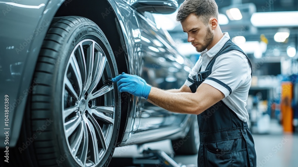 Technician adjusting car wheel alignment with focus Technician adjusting car wheel alignment with focus
