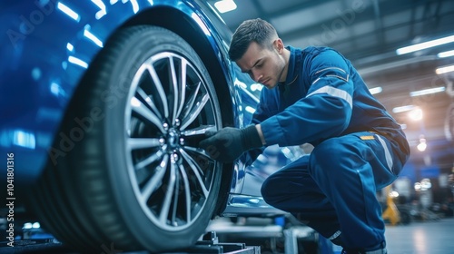 Young mechanic works on car tire in service center.