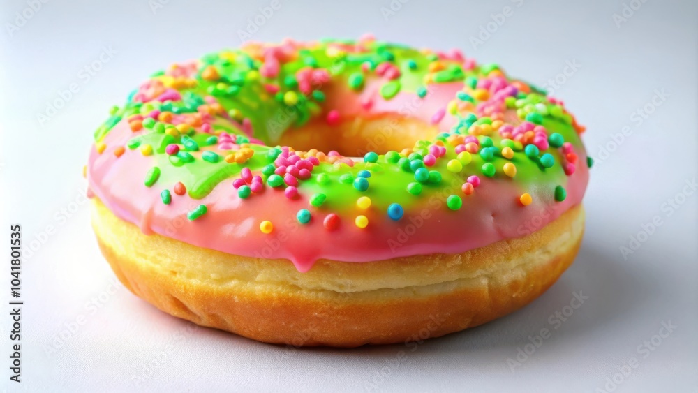 A single glazed donut with pink and green frosting and colorful sprinkles, sitting on a white background. A single glazed donut with pink and green frosting and colorful sprinkles, sitting on a white background.