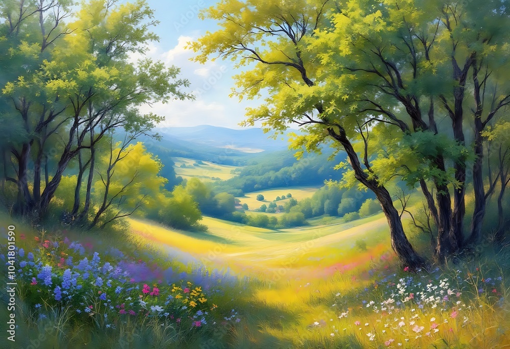 A Painted Summer Meadow Overlooking a Serene Valley A Painted Summer Meadow Overlooking a Serene Valley