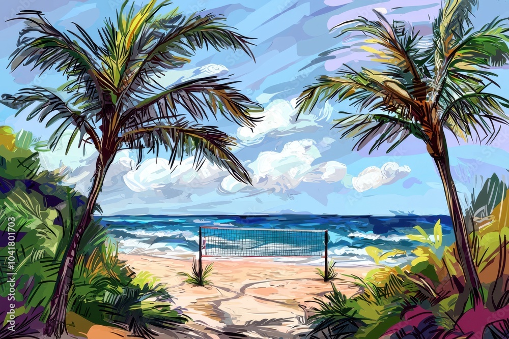 Fototapeta premium A vibrant beach scene framed by palm trees, featuring a volleyball net and a picturesque ocean backdrop.