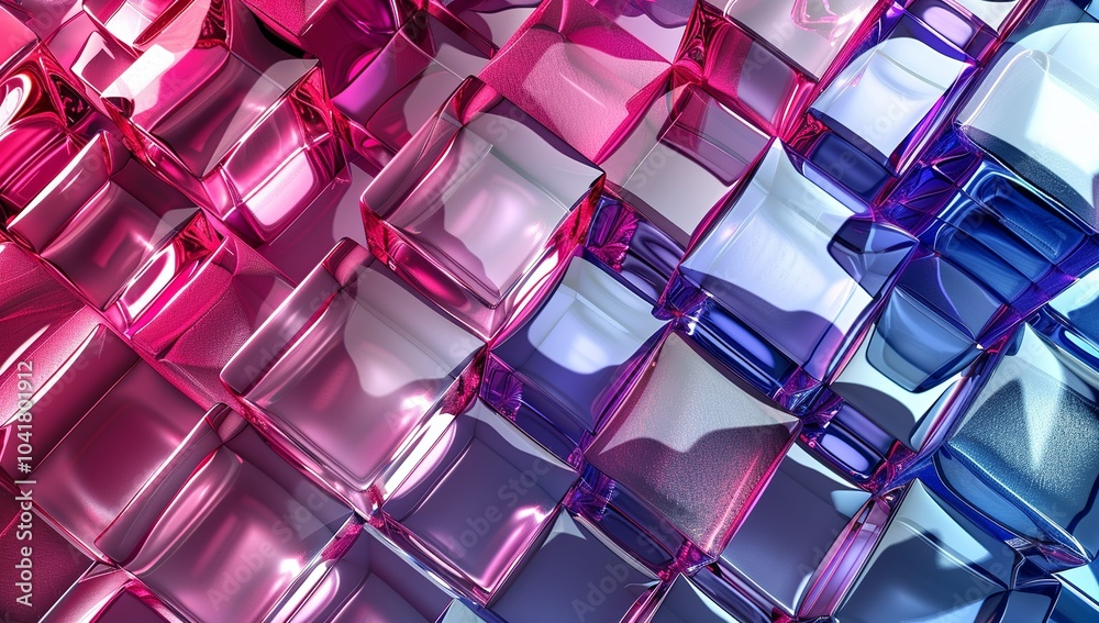 Abstract background with gradient color blocks, shiny metal cubes, and glass...