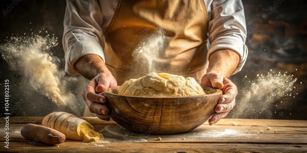 Artisan Baker's Hands Holding a Bowl of Floury Dough, With Flour Exploding in the Air Artisan Baker's Hands Holding a Bowl of Floury Dough, With Flour Exploding in the Air