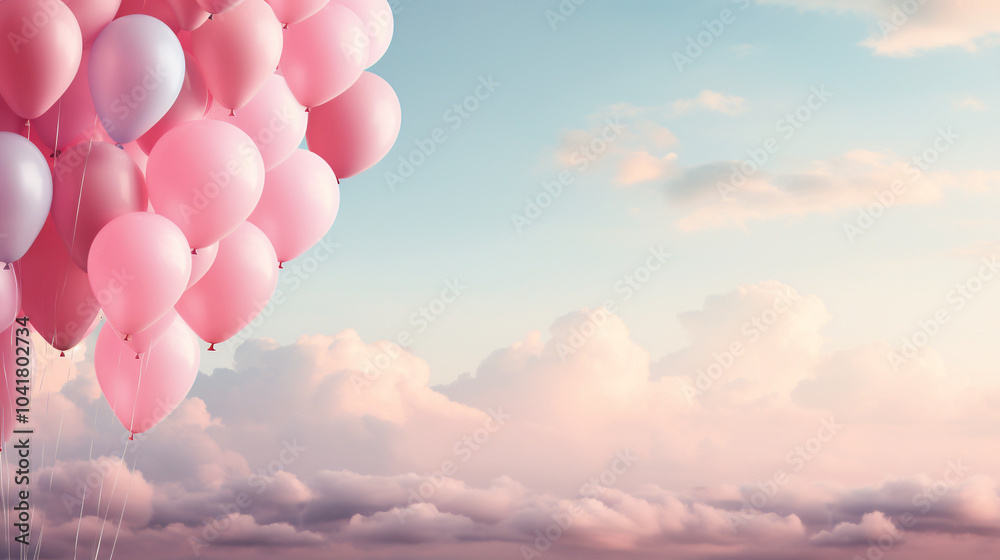 Fototapeta premium Pink balloons floating above soft pastel clouds. Birthday banner or card with empty copy space for text