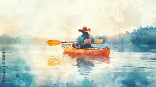 Watercolor painting of a man kayaking in water photo