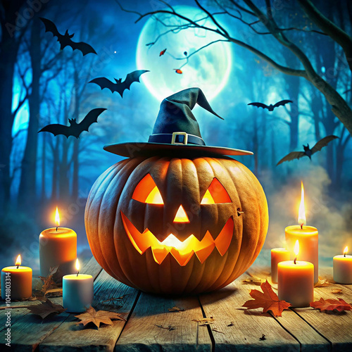 Halloween festive background featuring pumpkins, candy corn, ghost, cauldron, and black candy canes arranged on a black surface