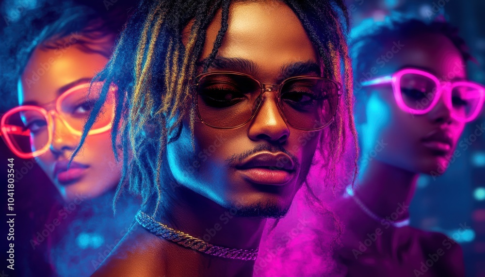 Young adults in stylish sunglasses posing against a vibrant neon backdrop Young adults in stylish sunglasses posing against a vibrant neon backdrop