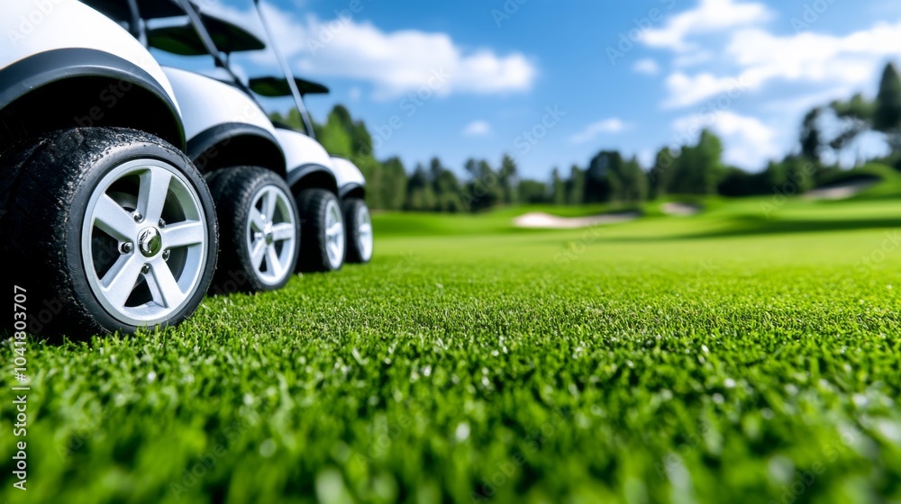 Golf cart on golf course at country club tourist resort. Healthy people golfer enjoy outdoor lifestyle leisure activity travel nature and play golf sport on summer holiday vacation. Golf cart on golf course at country club tourist resort. Healthy people golfer enjoy outdoor lifestyle leisure activity travel nature and play golf sport on summer holiday vacation.