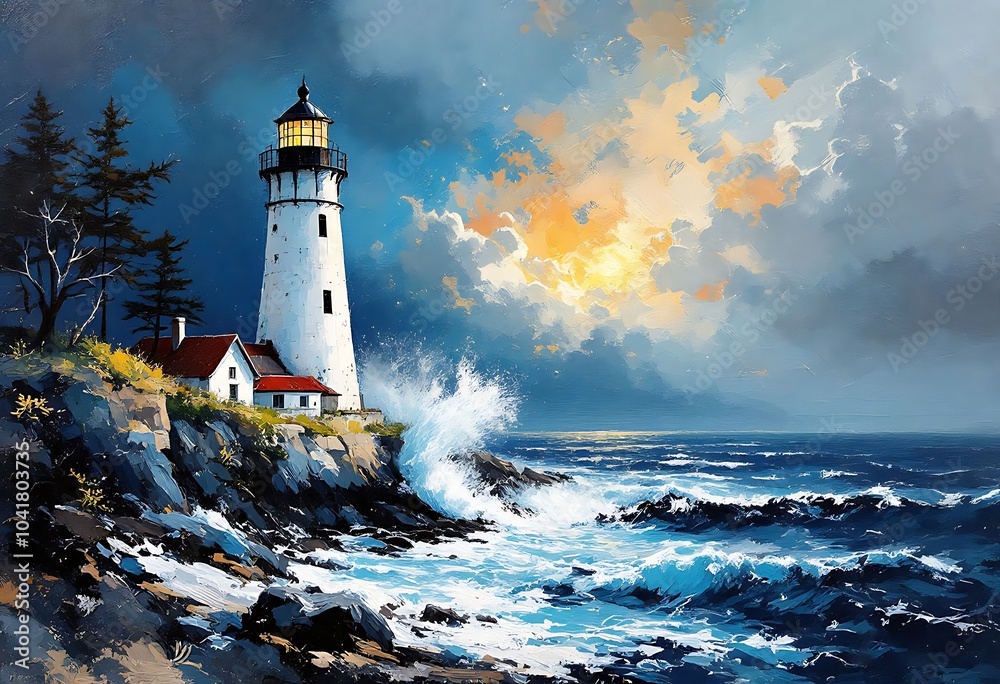 Obraz premium Dramatic Lighthouse at Sea at Dawn