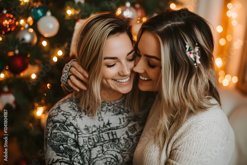 Joyful lesbian couple in front of a Christmas tree, one surprising the other with a gift in a cozy living room