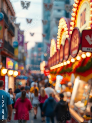 A lively scene of a lively street fair in a colorful city with a defocused background of twinkling particles glitter dust particle Ultra realistic 