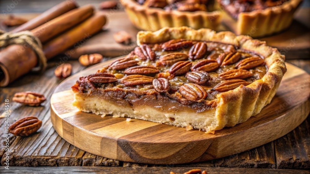 A Slice of Pecan Pie on a Wooden Cutting Board with Cinnamon Sticks in the Background A Slice of Pecan Pie on a Wooden Cutting Board with Cinnamon Sticks in the Background