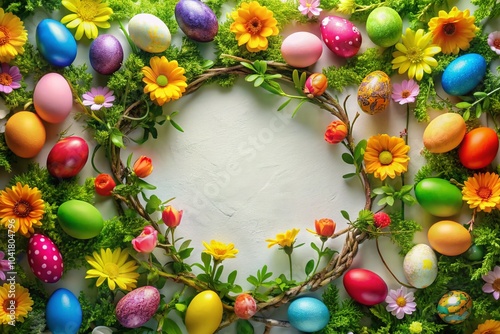 Colorful Easter Eggs Surrounded by Floral Frame with Swirling Vines in Drone Photography