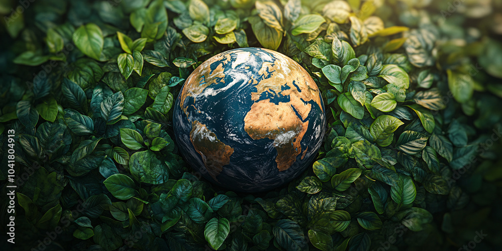 Earth globe surrounded by lush greenery and vibrant plants, evoking a feeling of tranquility and harmony with nature. Perfect for environmental awareness promotions and travel content. Earth globe surrounded by lush greenery and vibrant plants, evoking a feeling of tranquility and harmony with nature. Perfect for environmental awareness promotions and travel content.