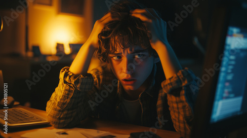 A teenager looking frustrated while working on a computer, messy desk, low light with a focus on the face, expressive hands holding the head, showing feelings of overwhelm and stress