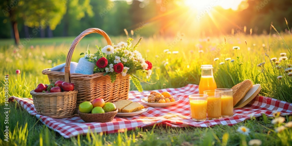 A charming picnic scene with a wicker basket filled with fresh produce, a checkered tablecloth, and refreshing beverages on a sunny day in a meadow of wildflowers. A charming picnic scene with a wicker basket filled with fresh produce, a checkered tablecloth, and refreshing beverages on a sunny day in a meadow of wildflowers.