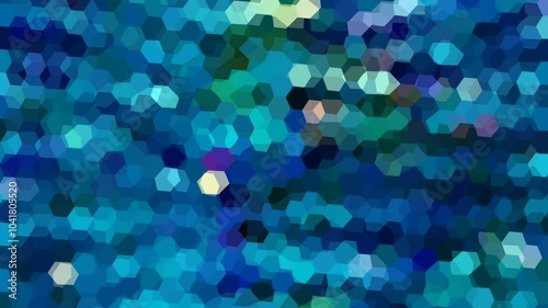 A mosaic of hexagonal blue and green shapes creating a pixelated, abstract pattern.