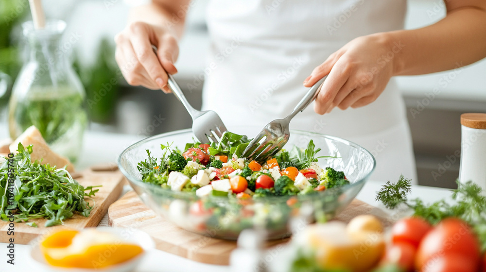 Happy woman preparing a salad with fresh vegetables in a modern kitchen
Happy woman preparing a salad with fresh vegetables in a modern kitchen