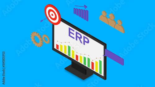 ERP software, enterprise resource planning with monitor isometric on blue background. Productivity, data analysis, dart target and team