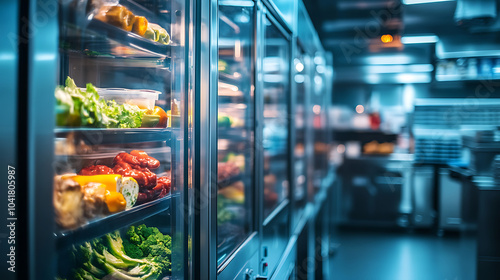 Fresh vegetables and fruits are displayed in refrigeration chamber with glass doors, showcasing variety of colorful produce in modern kitchen setting. cool ambiance enhances freshness of items