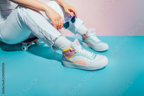 Fototapeta Naklejka Na Ścianę i Meble -  Close up female legs in white jeans and retro style high-top multicolor sport sneakers shoes sitting on skateboard on turquoise blue and pink background. Vintage retro fashion style of 80s - 90s vibes
