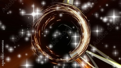 Seamless looping 4K, a glowing spiral vortex surrounded by sparkling stars in a dark, cosmic background.