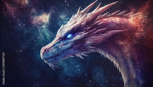 Majestic dragon with shimmering blue eyes against a cosmic backdrop