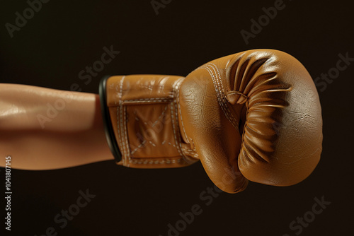 A close-up of a brown boxing glove on a strong male arm, symbolizing strength and determination in the sport of boxing. photo