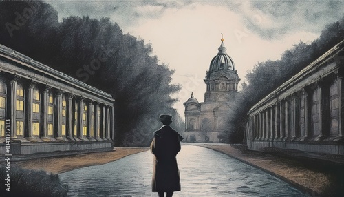 street of BERLIN in 1880 with a figure with black overcoat looking toward REICHSTAG