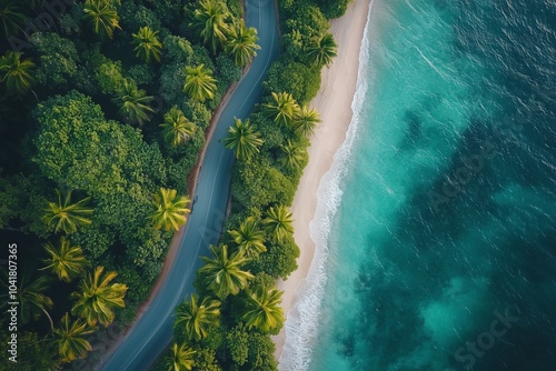 tropical beach with asphalt road and coconut trees, top view