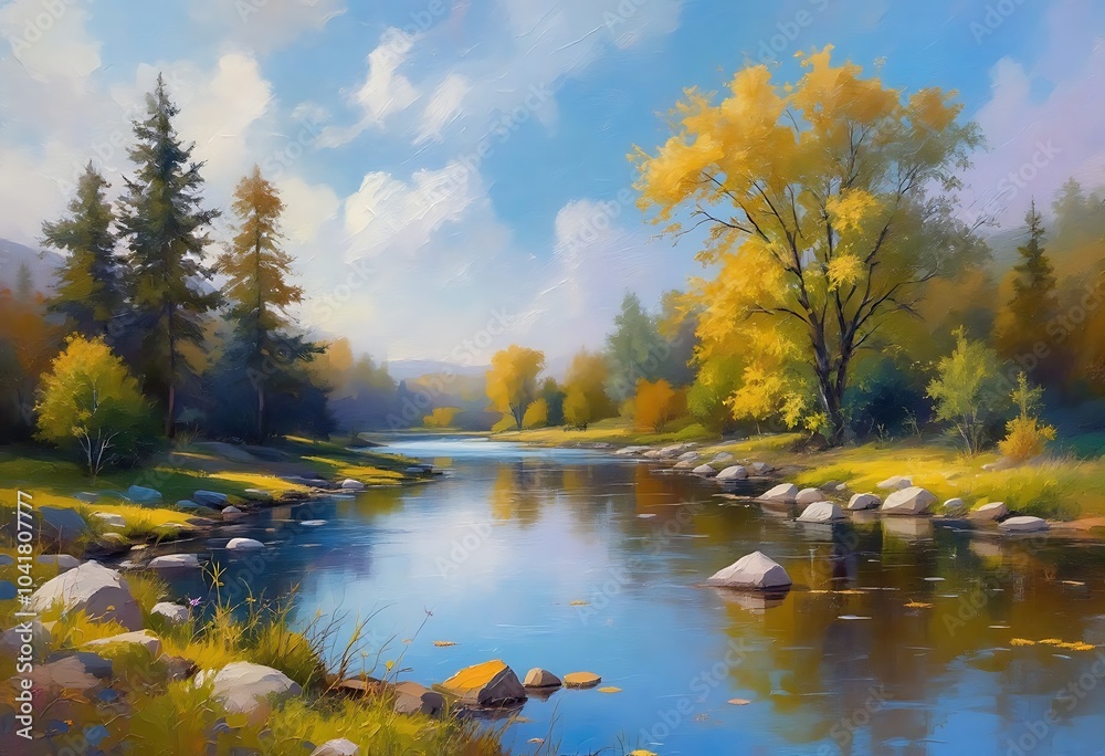 Obraz premium Colorful Autumn River Scene Painting