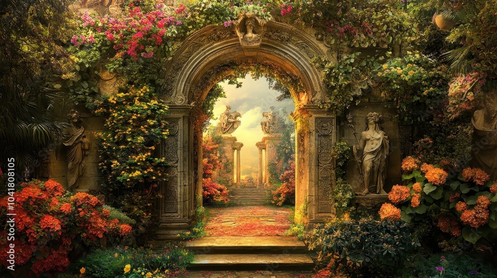 Fototapeta premium Stone archway adorned with carvings vibrant plants surrounding it under soft light