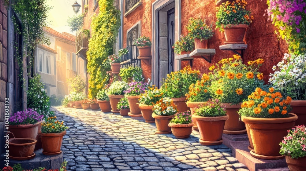 Fototapeta premium Colorful herbs and flowers in terracotta pots arranged neatly along cobblestone paths