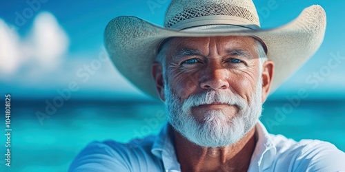 Man smiles delightedly under the bright blue sky photo