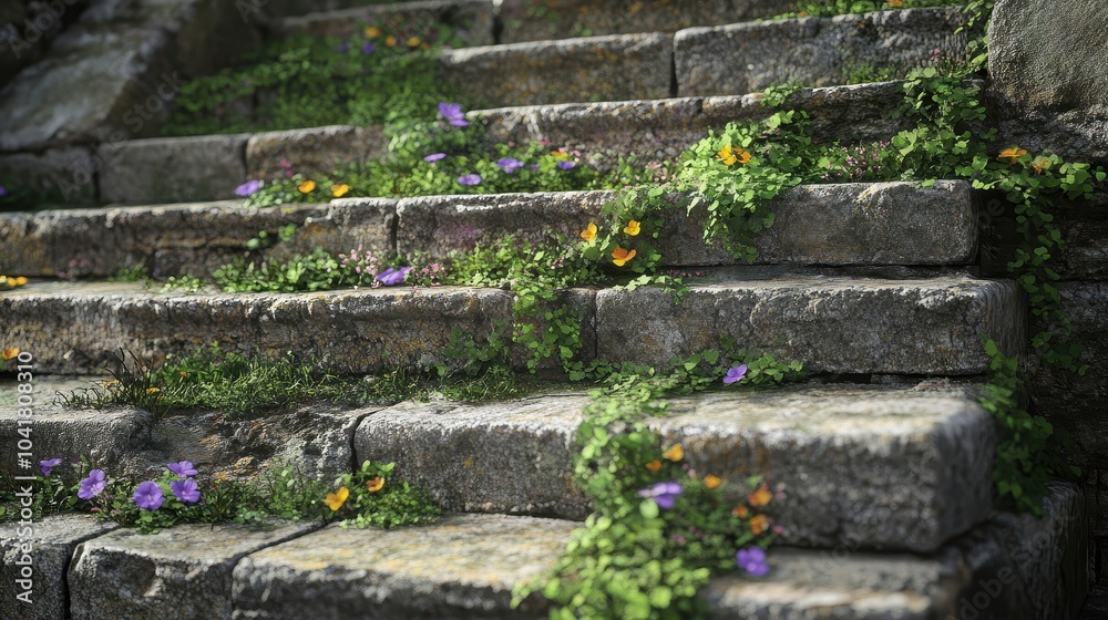 Worn stone steps of an ancient gymnasium with ivy and wildflowers growing in cracks Worn stone steps of an ancient gymnasium with ivy and wildflowers growing in cracks