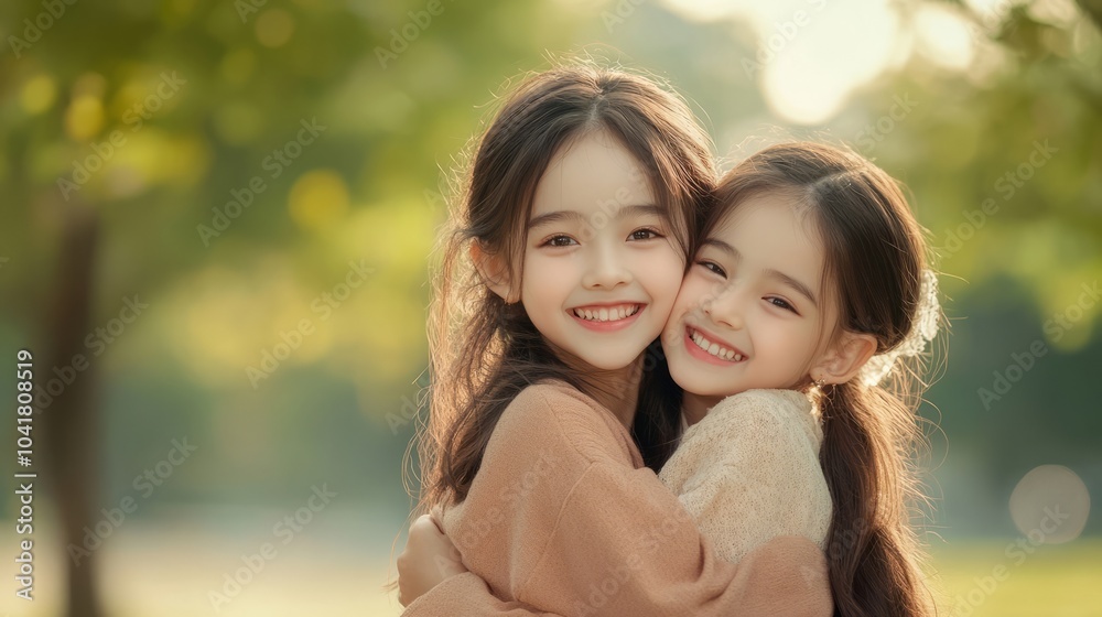 Obraz premium Two young women share a warm embrace, smiling joyfully outdoors in soft autumn sunlight, surrounded by golden bokeh foliage.