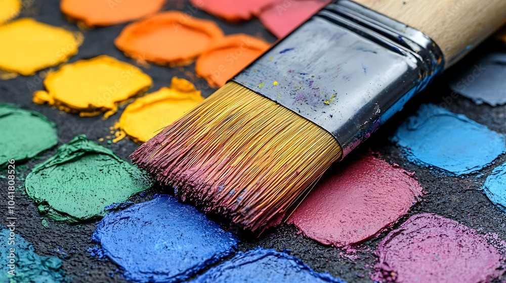 Vibrant Brush and Paints on Canvas Surface Vibrant Brush and Paints on Canvas Surface