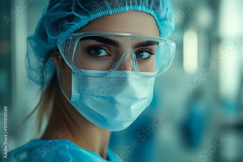 Female Healthcare Professional in Protective Gear with Confident Eyes