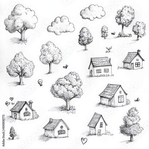 A collection of hand-drawn doodles featuring playful trees, houses, and clouds created in a lighthearted sketching style. Generative AI photo