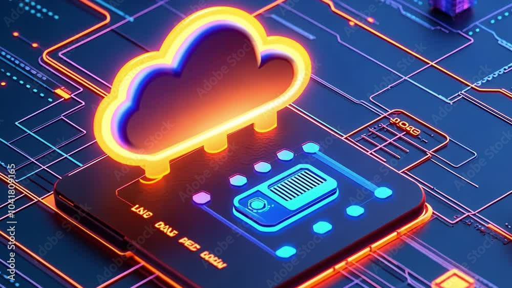 A glowing cloud symbol on a futuristic circuit board, representing data storage and cloud computing.