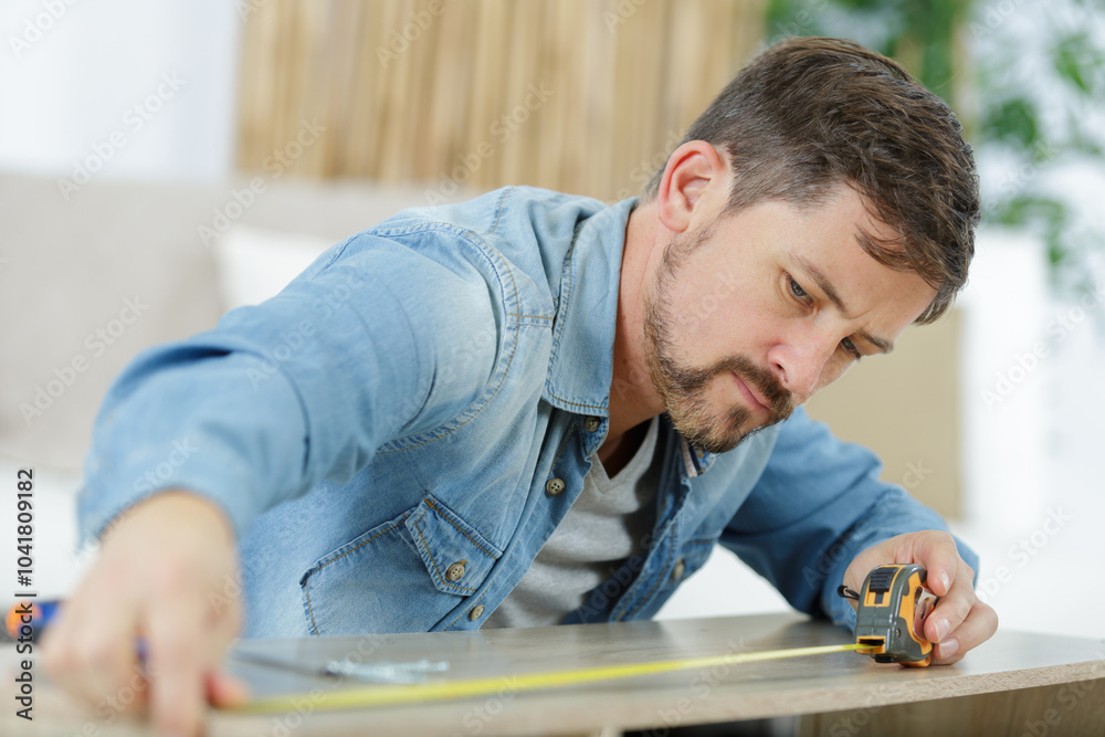 Obraz premium man measuring a wooden board with a tape measure